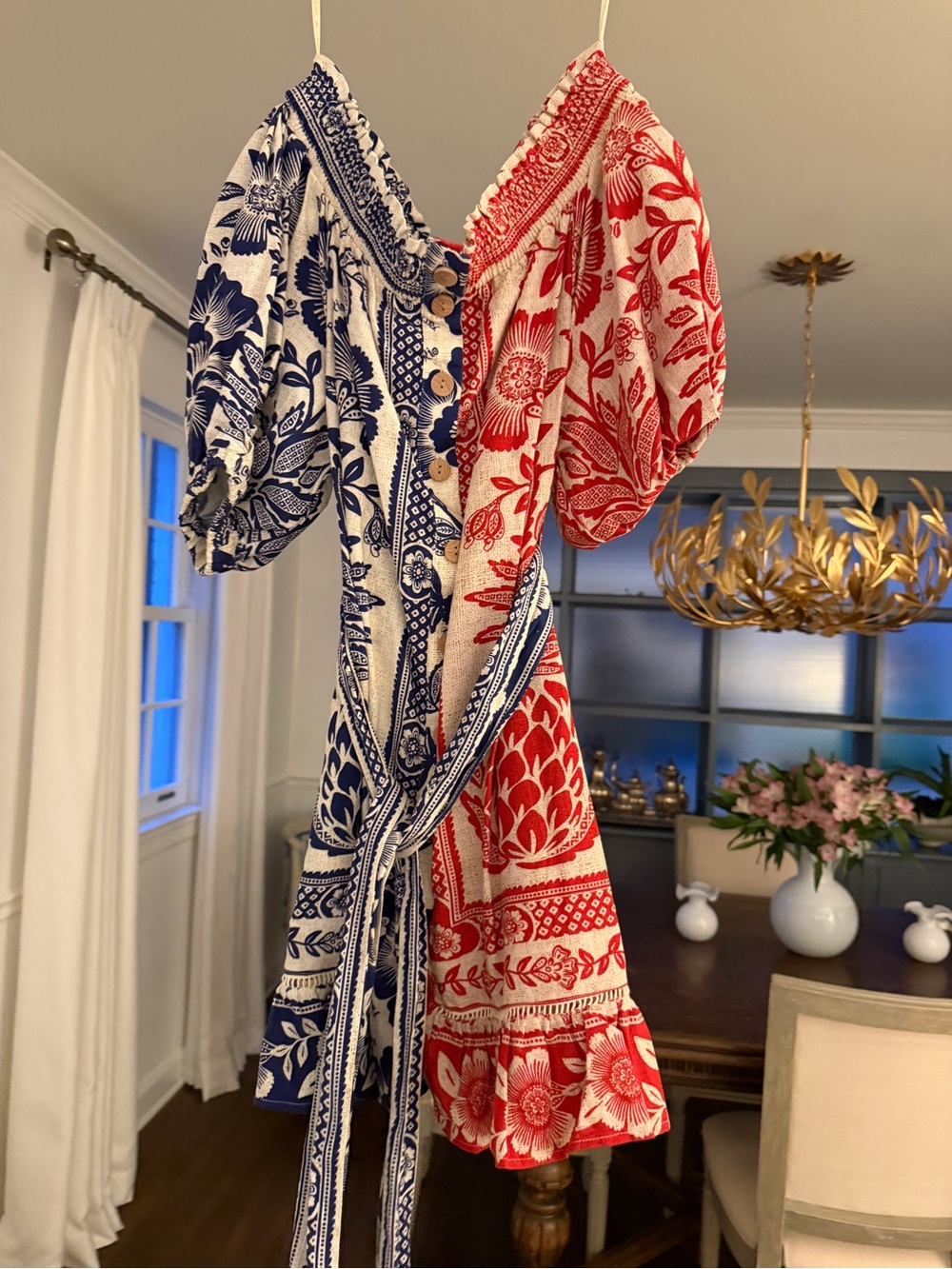 FARM Rio Split Floral Puff Sleeve Wrap Dress - Red & Blue